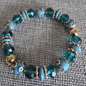 Beaded Gold Blue Stretch Elastic Bracelet